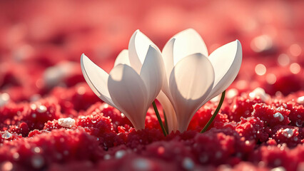 A macro closeup reveals the natural beauty of a red and white gerbera daisy bloom featuring vibrant red flower petals among soft pink spring flora in a summer garden blossom