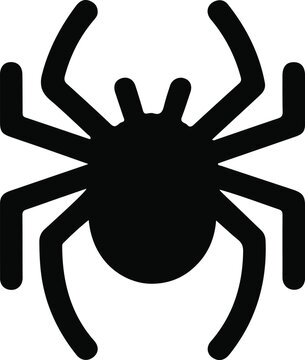 Simple Spider Silhouette Icon, Bold black silhouette illustration of a spider viewed from above, representing danger, fear, Halloween themes, or minimal animal icon design.

