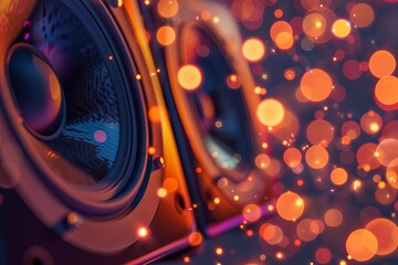 Two music speakers playing loud music with orange bokeh lights effect in the background