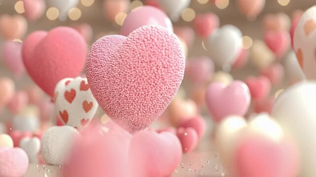 Heart-shaped balloons in soft pink and red hues create a romantic atmosphere for valentine's day. a striped gift box with a bow enhances the festive charm, perfect for love-themed occasions and celebr