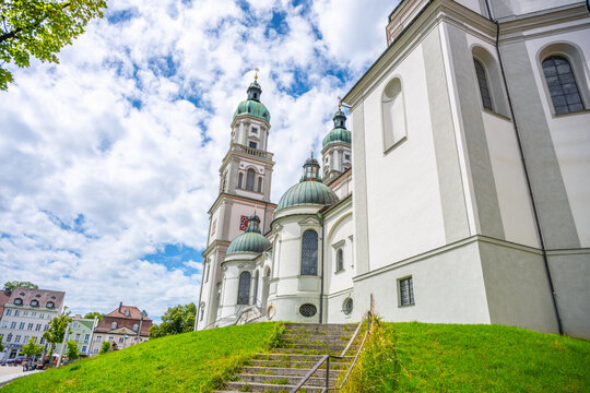 Baroque St. Lorenz Basilica, located in Kempten, Bavaria, features impressive twin towers and a striking facade.