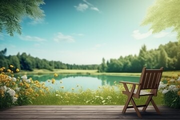 Obraz premium Wooden deck chair offering a relaxing view of a calm lake and green trees under a clear blue sky