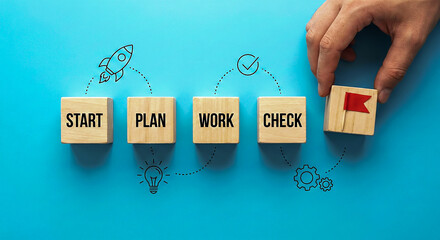 Hand placing the final goal block, representing successful completion of a business project or task through a systematic workflow