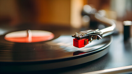 Turntable playing music with needle on spinning vinyl record