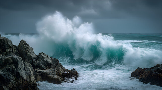 Crashing ocean waves hitting large rocky coastline during storm