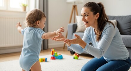 Naklejka premium Mother encouraging baby to walk in bright living room with toys 