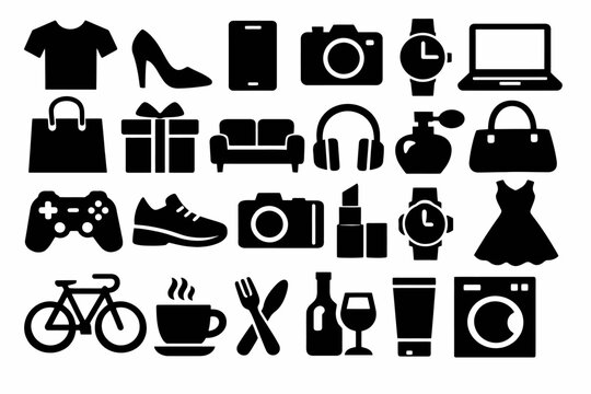 Various black silhouette icons including electronics, fashion, and lifestyle items