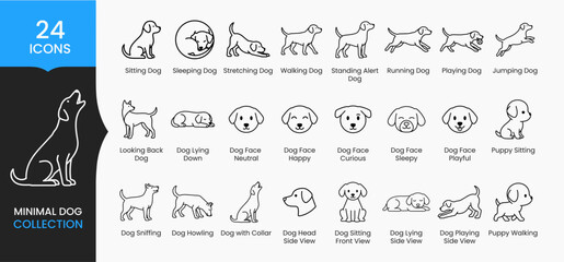 A collection of 24 minimalist line art icons depicting various dog breeds and poses high quality © MSTRUNA
