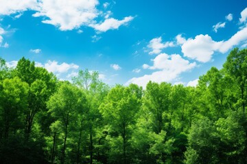 Obraz premium Fresh green trees are standing in a forest under a bright blue sky with white clouds