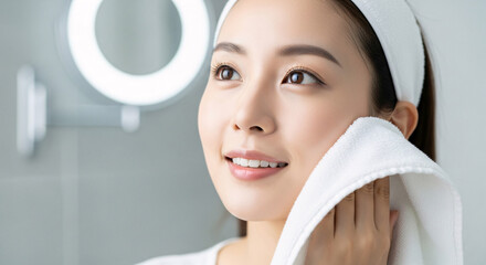 Beautiful Asian woman gently drying her face with a white towel, skincare and self-care routine with clean skin
