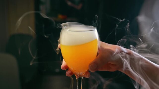 Hand holding a glass of yellow cocktail with dry ice smoke effect, unique molecular mixology drink with white vapor in dark interior