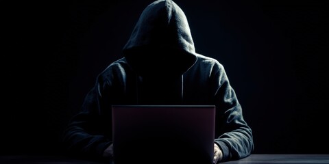 Anonymous hacker in hooded sweatshirt using laptop in dark room, cybersecurity and digital threat concept, cybercrime and data privacy breach