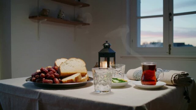 The Iftar meal during the holy month of Ramadan (food, dates, Ramadan lantern, and water) Ramadan vibes in Islam (iftar table, iftar time, Ramadan pattern, Ramadan background)