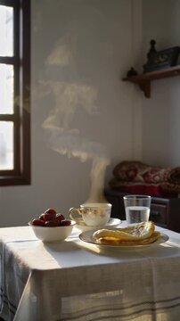 The Iftar meal during the holy month of Ramadan (food, dates, and water) Ramadan vibes in Islam (iftar table, iftar time, Ramadan pattern, Ramadan background)