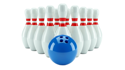 A bright blue bowling ball positioned in front of ten white pins set up for a game isolated on transparent background