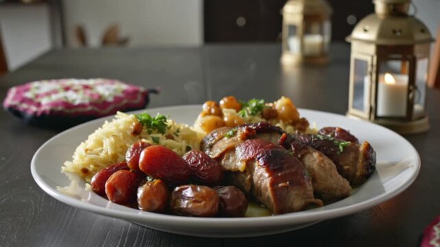 The Iftar meal during the holy month of Ramadan (food, dates) Ramadan vibes in Islam (iftar table, iftar time, Ramadan pattern, Ramadan background)