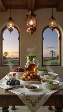 The Iftar meal during the holy month of Ramadan (food, dates, and water) Ramadan vibes in Islam (iftar table, iftar time, Ramadan pattern, Ramadan background)