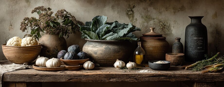 A rustic display of fresh vegetables and herbs on a wooden table, showcasing nature's bounty with earthy tones.