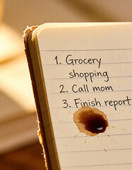 Close-Up of a Notebook with Handwritten To-Do List and Coffee Stain, Relatable Everyday Life Concept, Warm Light Realism, Authentic and Personal Lifestyle Storytelling Background