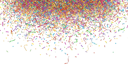 A shower of vibrant confetti and streamers creating a festive cascade against a dark backdrop isolated on transparent background