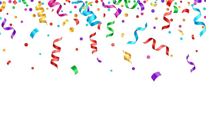 Fototapeta premium A festive shower of vibrant confetti and curling streamers against a dark background isolated on transparent background