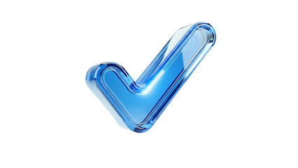 Shiny blue glass check mark symbol representing confirmation and success in 3d rendering style isolated on transparent background