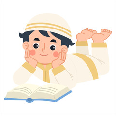 Illustration of Muslim Boy Reading Book