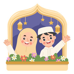 Illustration of Muslim Children Celebrating Ramadan