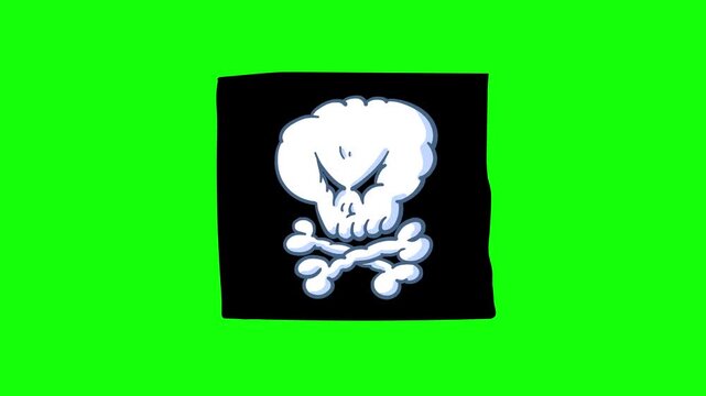 Jolly roger skull greenbox. Cartoon comic style symbol on green background.