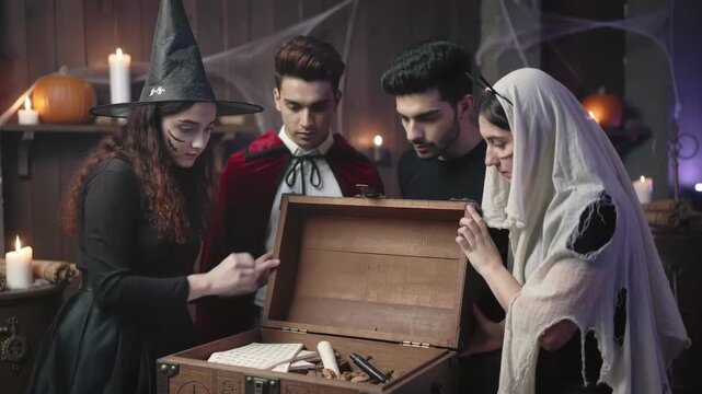 Friends Searching for Clues in Halloween Themed Escape Room Wooden Chest to Solve Mystery Puzzle Game