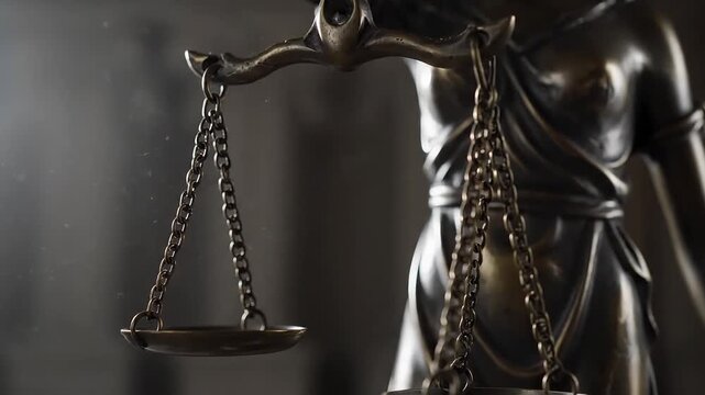 The statue of justice holding scales in a courtroom setting is depicted in a close-up view.