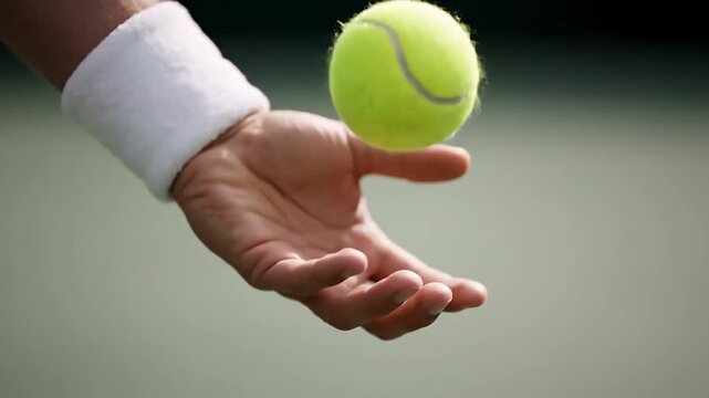 A hand wearing a white wristband tosses a tennis ball in the air on a court