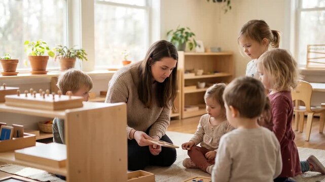 Children learn with a teacher inside a classroom during the morning hours in a bright and welcoming space