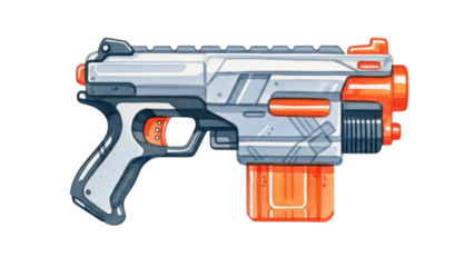 Toy gun with an orange and white paint job on it side.