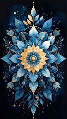 Ornate floral mandala in blue and gold hues against a dark backdrop with gentle, ethereal light effects
