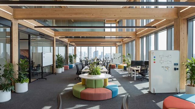 Modern office setting with large windows and collaborative workspace in urban area during daytime