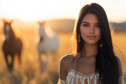 A young Native American woman with long dark hair smiles gently at the camera, two horses blurred in the background at sunset