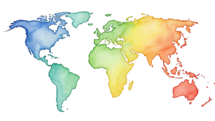 Map world with watercolors of different colors and continents on black background.