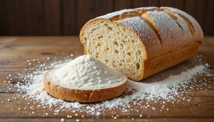Fresh artisan bread with flour scattered on rustic wooden background celebrating wholesome homemade baking tradition