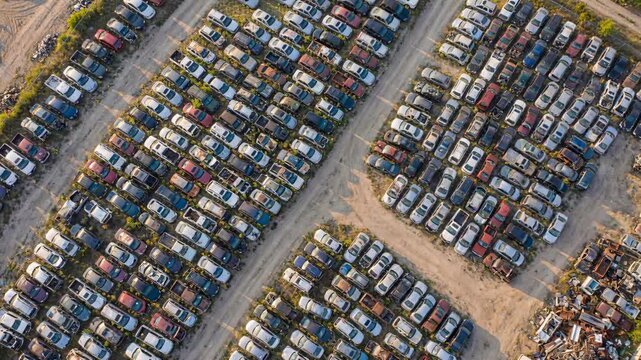 Salvaged vehicles lined up in a junkyard under clear skies during the day revealing various car shapes and colors