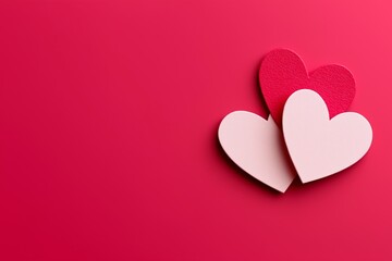 Three decorative hearts in various shades of pink and red are arranged on a vibrant pink background, creating a visually appealing composition with ample copy space