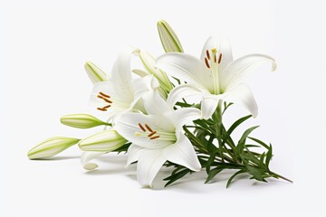 Fototapeta premium Fresh white lilies with green leaves and buds on a clean background