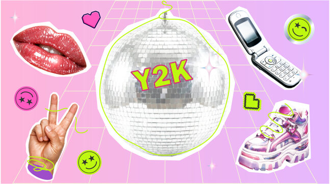Y2K Aesthetic Collage Set with Retro 2000s Elements: Disco Ball, Flip Phone, and Fashion Accessories