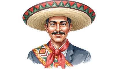 Mexican man with sombrel hat and red tie wearing red scarf and.