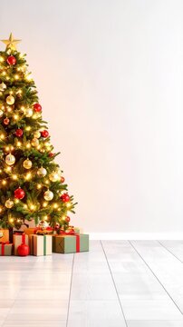 Decorated Christmas tree with star topper, ornaments, string lights, and wrapped gifts on a wood floor against a white wall