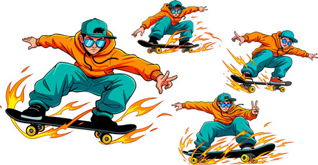 Dynamic collection of pixel art skateboarders performing extreme tricks surrounded by intense digital fire effects © arifjutt