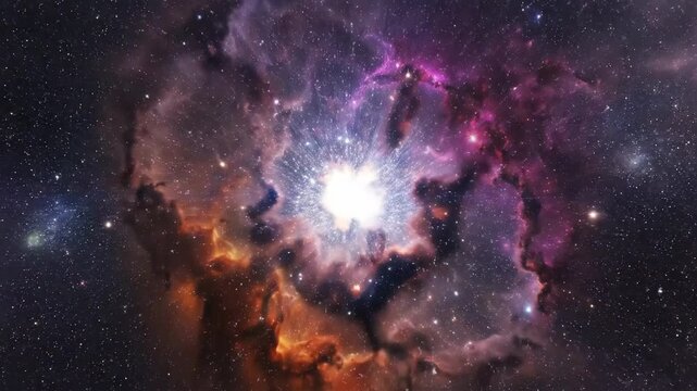 Celestial tapestry A luminous starburst amidst cosmic clouds in hues of violet, magenta, and deep blue