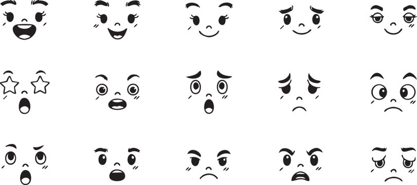 Cartoon Emoji Face Expressions Pack, Black and White Vector Style