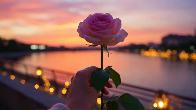 Holding a flower by the water at sunset during a quiet evening