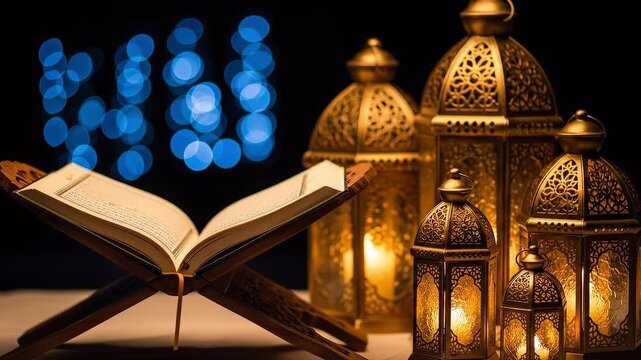 Holy Quran on Rehal with Glowing Ramadan Lanterns and Blue Bokeh